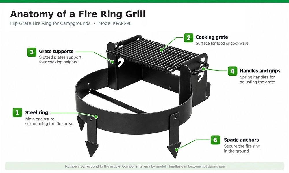 Fire ring grill diagram showing the steel enclosure, adjustable cooking grate, grate supports, spring handles, and in-ground spade anchors.